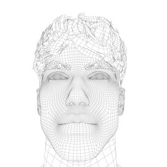 A 3D wireframe model of a male head with closed eyes, featuring detailed hair and a clean white background for a modern fashion aesthetic.