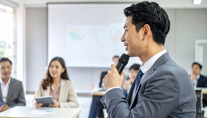 Fototapeta premium A businessman confidently leading a presentation. The man is speaking with a microphone while other attendees watch the presentation