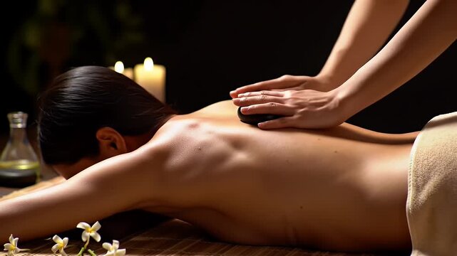 Hot Stone Massage a Woman on Bamboo Mat Receiving Therapy Black Stones Placed on Back Smooth Skin Candles and Oil Bottles in Spa for Relaxation and Well Being