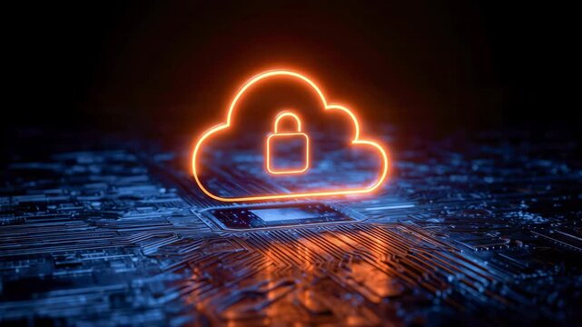 Glowing cloud icon with padlock transitions across a digital circuit board, symbolizing secure data storage and cloud technology evolution