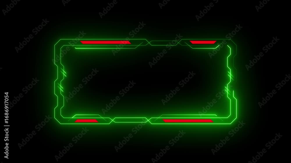 Poster glowing neon technology hud animation, futuristic display, hologram button. neon green frame with mo