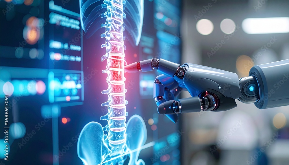 Aufkleber a robotic arm is pointing at a highlighted spine on a digital screen, symbolizing medical advancemen