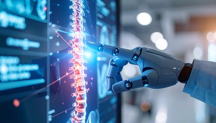 A robotic hand interacts with a digital display of a spine, showcasing advanced medical technology. The display shows a detailed view of a spine.