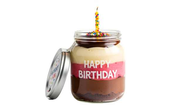 Birthday dessert jar with layered mousse, isolated on white background