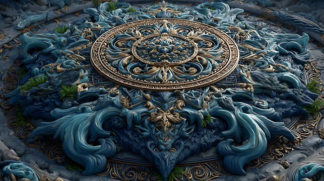 Blue energy glyphs emerging from bronze stone texture in geometric symmetry