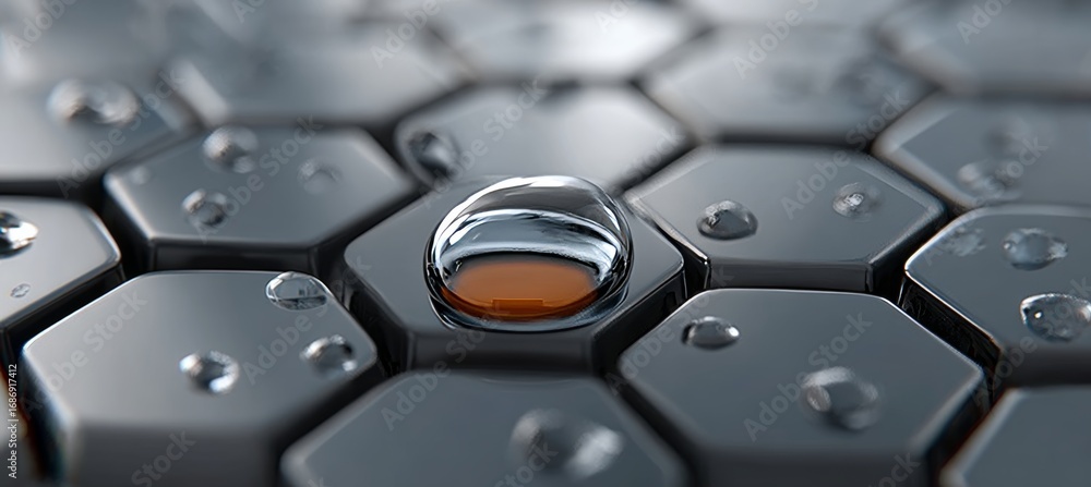 Aufkleber hexagonal reflective surfaces with condensed droplets, futuristic background and intricate patterns