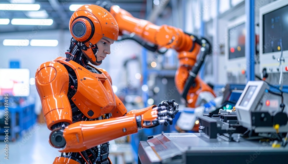 Aufkleber an advanced robot in a high-tech industrial setting, focused on completing a task in a modern factor
