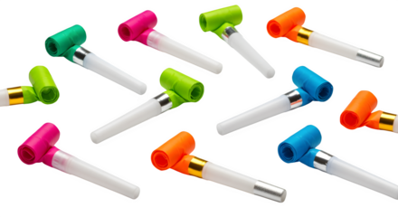 Birthday horn blowers in neon colors, isolated on white background