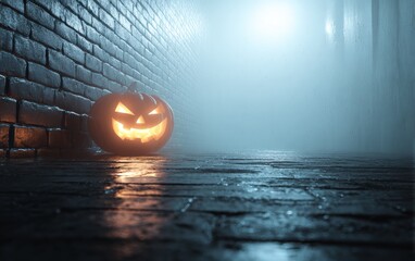 A pumpkin with a scary face is sitting on a brick wall