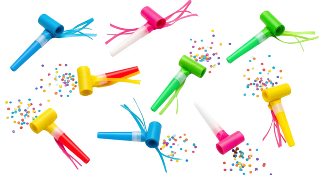 Birthday horn blowers in neon colors, isolated on white background