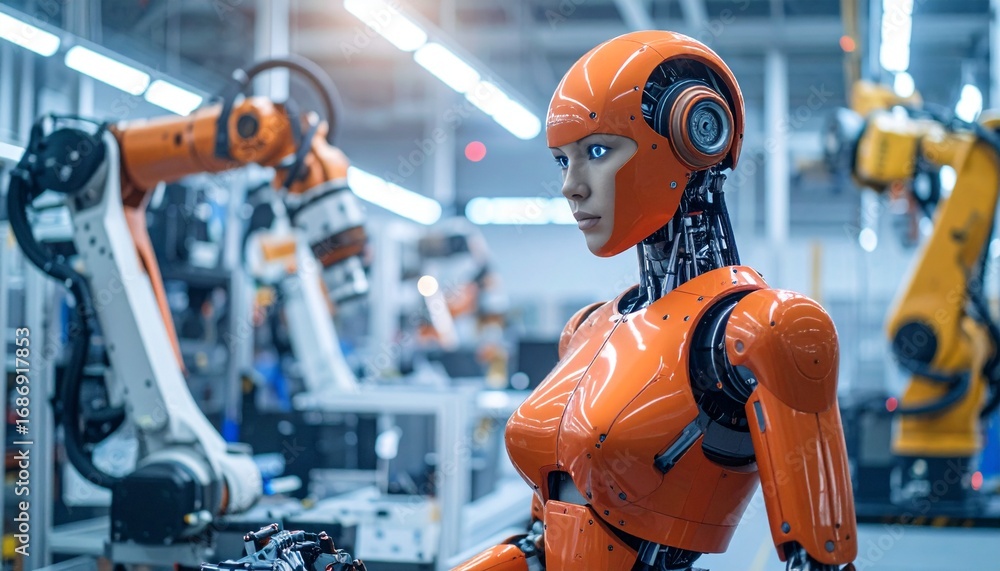 Poster a futuristic vision: a robot in a factory, an amazing ai-powered machine and modern automated indust