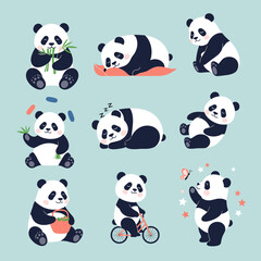 Adorable collection of playful pandas engaging in various activities and resting naturally
