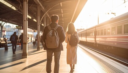 A couple walking towards a train on a sunny platform. The scene exudes a sense of travel and anticipation. The train's presence adds to the atmosphere of adventure and movement.