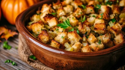Savory bread stuffing with herbs and spices served in a rustic dish surrounded by autumn decorations