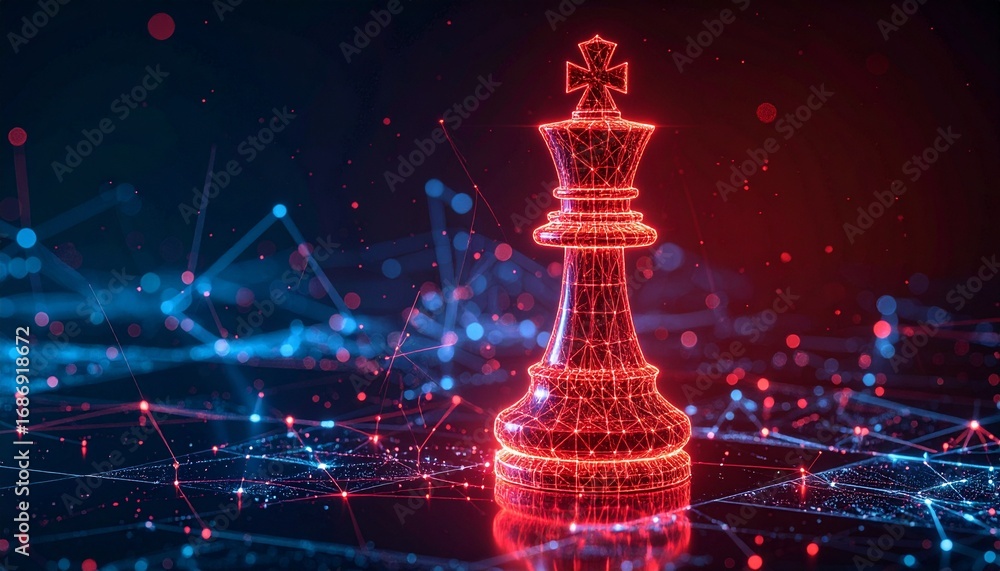 Poster a digital chess king with a network of lines and dots, creating a futuristic look. the chess king is