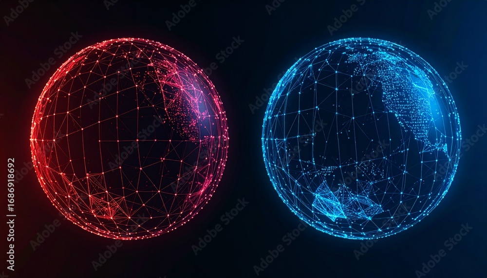 Poster two vibrant spheres, one in a captivating red and the other in a mesmerizing blue, with interconnect