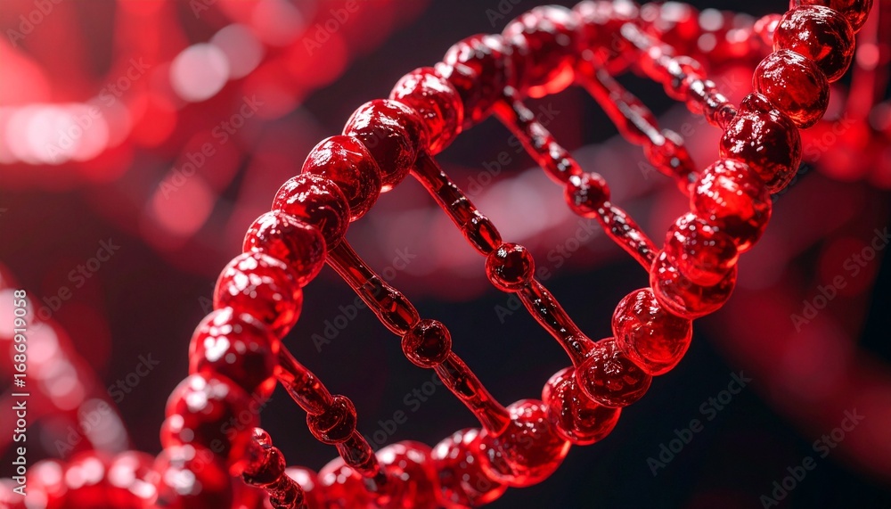 Poster a close-up image of a vibrant dna helix. the dna strand is a deep red color. the image has a blurred