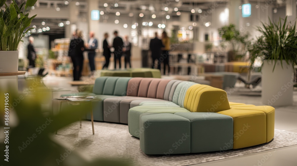 Poster wide medium shot of an inviting segmented layout focus on a modern seating area with blurred sales r