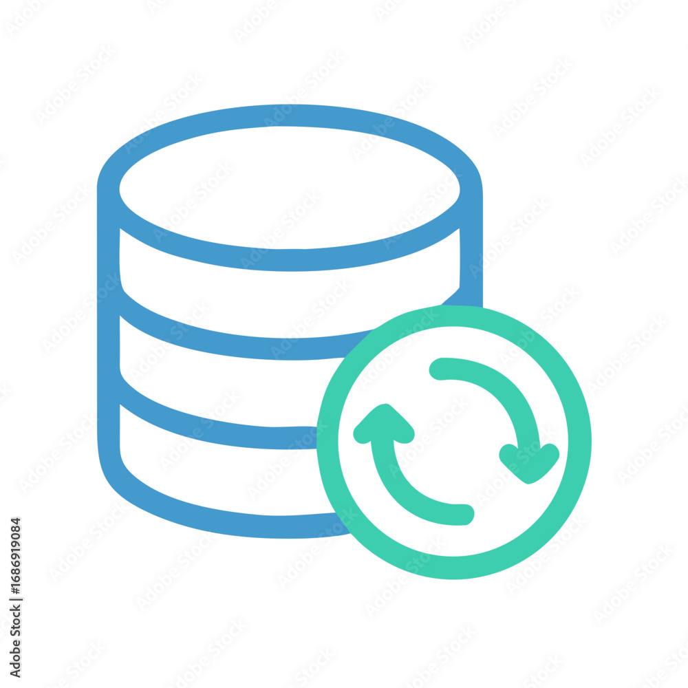 Poster data backup icon with database and circular arrows in flat design
