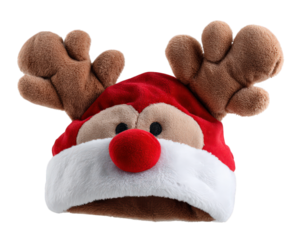 Plush reindeer hat with red nose, brown antlers, white trim, and festive holiday design, perfect for Christmas parties, winter celebrations, and cheerful seasonal decor