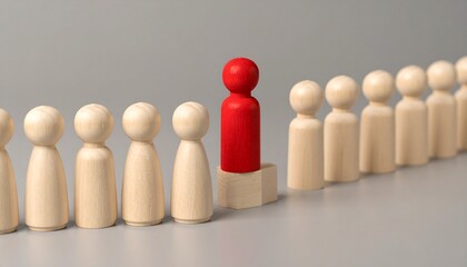 A distinctive red peg person standing out amongst a group of wooden ones