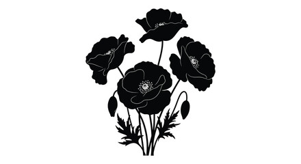 a cluster of black poppies with delicate stems and leaves