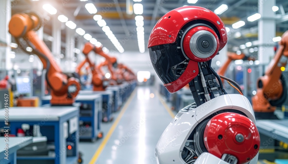 Poster a futuristic factory with robotic arms, showcasing technological advancements. the scene depicts the