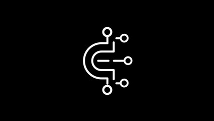 Obraz premium White circuit board symbol with connected nodes on black background Keywords: circuit board, technology, symbol, abstract, connection, network, digital, data, communication, electronic