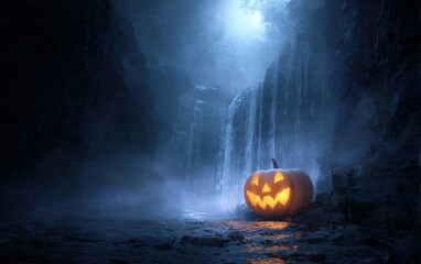 A pumpkin with a scary face is sitting in a dark, misty forest