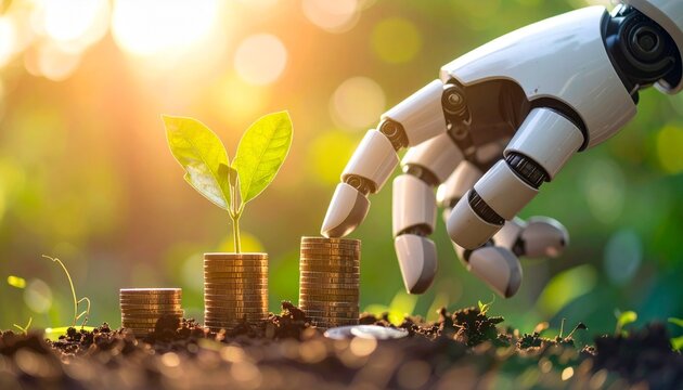 A robot hand carefully nurturing a young plant growing from stacked coins, symbolizing financial growth and technological advancements. The scene is set outdoors, illuminated by sunlight.