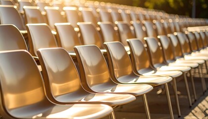 Fototapeta premium Rows of empty chairs under the warm sunlight, an anticipation of event to come