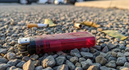 Photo of a red disposable lighter and a cigarette butt lying on a gravel surface, representing litter and urban pollution
