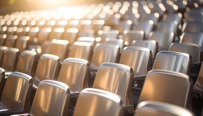 Fototapeta premium Rows of empty stadium seats bathed in warm sunlight, creating a sense of anticipation and emptiness. Awaiting the crowd to fill it. The gold tone effect the image