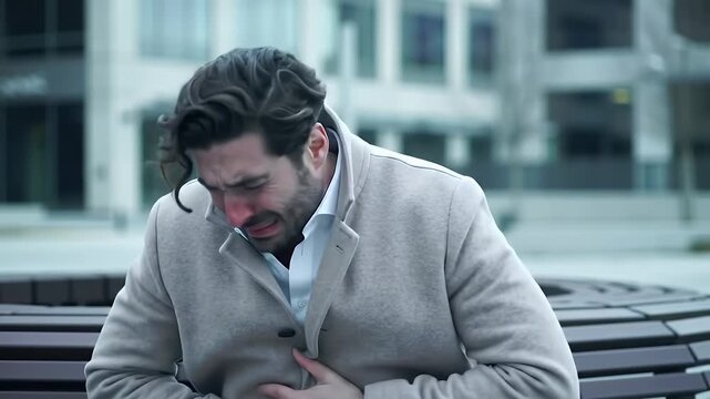 Man with Dark Hair Experiencing Abdominal Pain Sitting on a Bench in a City Park Wearing a Light Coat and White Shirt feeling Upset and Sickly For Health Ads Promotion