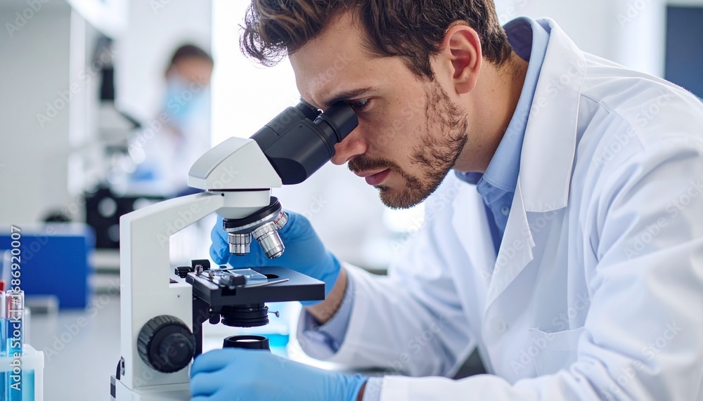 Poster a scientist examining a sample under a microscope in a laboratory setting. the scientist is intently