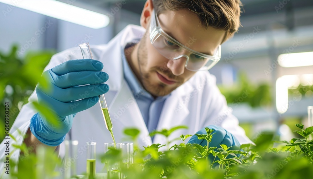 Poster a scientist examining samples of plants in a laboratory setting. he is focused on his work, which is