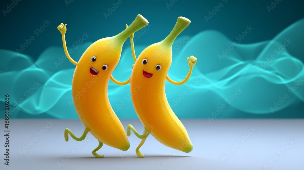 Poster two bananas are dancing on a table. the bananas are smiling and have a happy expression. scene is ch