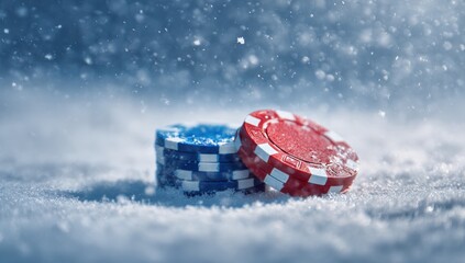Poker chips in red and blue rest on a snowy surface, surrounded by falling snowflakes. The nighttime ambiance creates a striking visual contrast between colors and the winter landscape