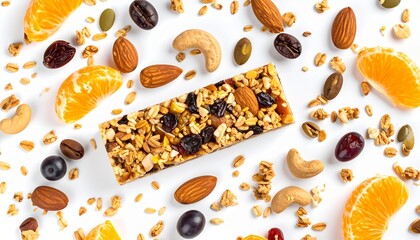 A granola bar surrounded by various ingredients, including almonds, mandarin oranges, and coffee beans. Perfect for a healthy snack or breakfast.