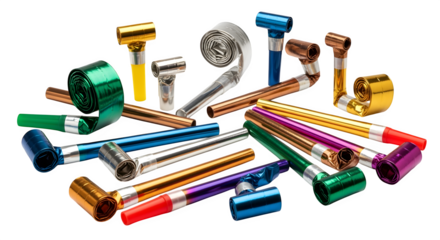 Birthday party blowers in metallic shades, isolated on white background