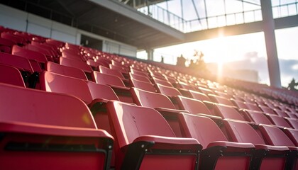 Fototapeta premium Rows of empty red seats in a stadium bathed in the warm glow of the setting sun, creating a sense of anticipation for an upcoming event