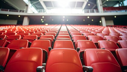 Naklejka premium Rows of empty red seats in a stadium under bright lights. The stadium's interior evokes a sense of anticipation