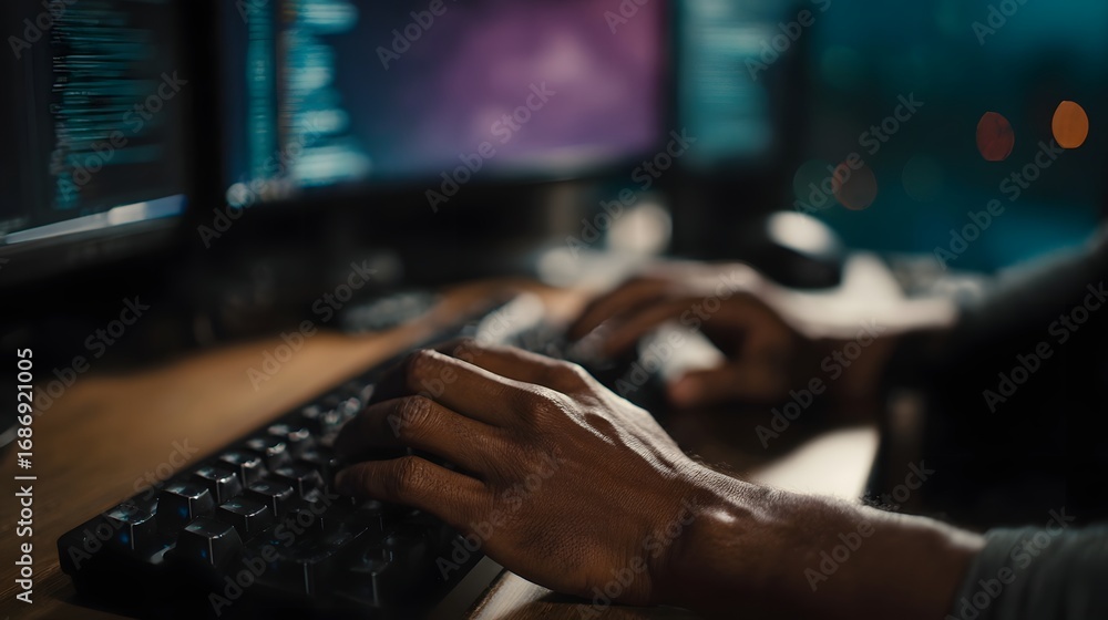 Poster close up of hands typing on a computer keyboard in a dark focused workspace