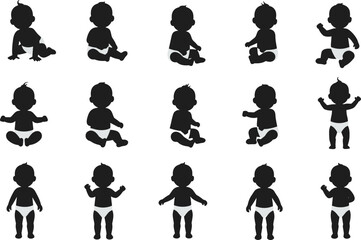 Baby silhouette vector set with diapers showing sitting, crawling, and standing poses for nursery art, baby shower and milestone design
