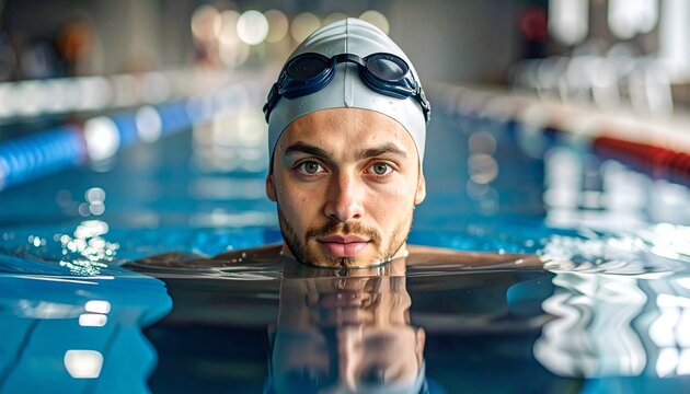 A swimmer with swim goggles and a swim cap staring out from the pool at the camera
