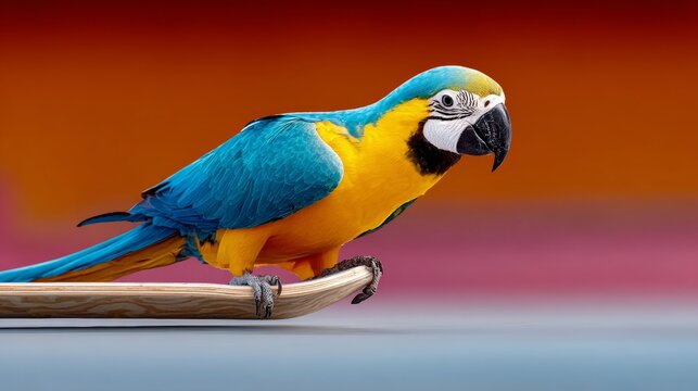A colorful parrot is perched on a wooden board. The bird is blue and yellow, and it is looking at the camera. The scene is lively and cheerful