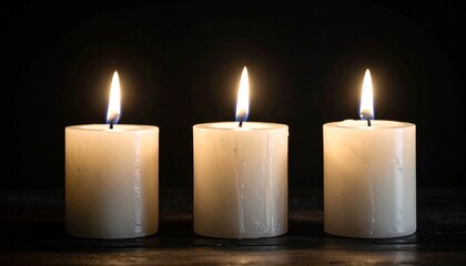Three candles emitting a warm, inviting glow against a dark background, evoking feelings of tranquility and warmth. The soft light of the flames creates a sense of peace and serenity