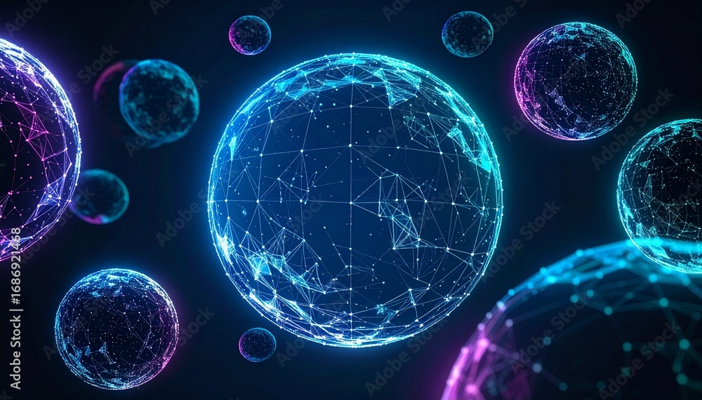 Poster abstract illustration of interconnected network spheres in deep space, representing data flow and di