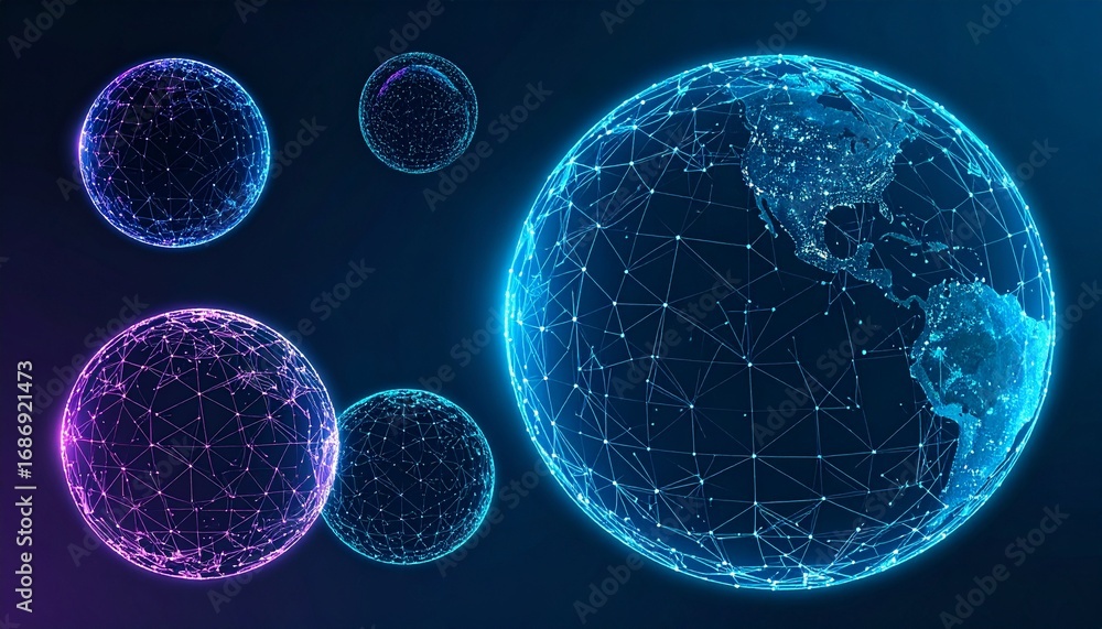 Poster connected dots and data streams form a network around the earth and other sphere, illustrating moder