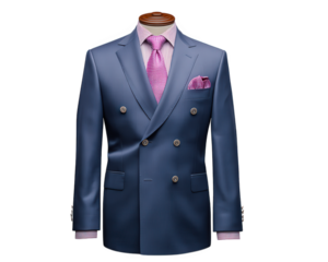 Double breasted navy suit on mannequin with pink striped shirt, matching pink tie and pocket square, formal corporate style, elegant and professional look
